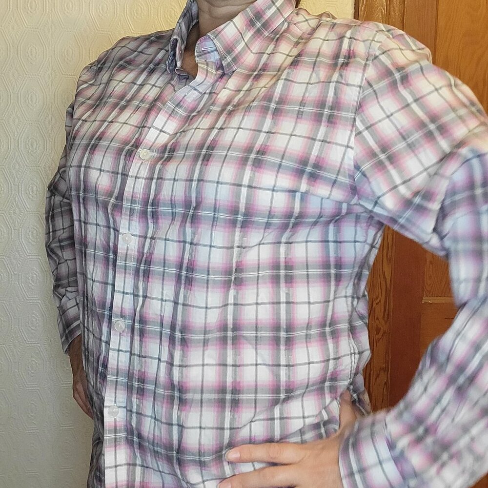 Calvin Klein‎ Slim Fit Pink Grey Plaid Long Sleeve Shirt Men's Large 100% Cotton